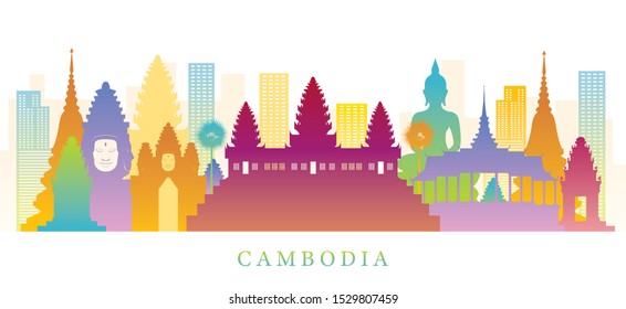 Cambodia Skyline Landmarks Colorful Silhouette Background, Famous Place and Historical Buildings, Travel and Tourist Attraction