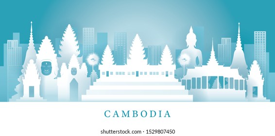 Cambodia Skyline Landmarks in Paper Cutting Style, Famous Place and Historical Buildings, Travel and Tourist Attraction