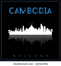 Cambodia, skyline silhouette vector design on parliament blue and black background.