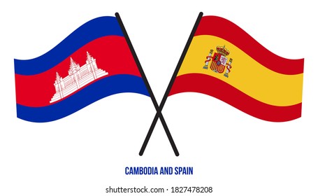 Cambodia and Spain Flags Crossed And Waving Flat Style. Official Proportion. Correct Colors.