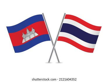 Cambodia and Thailand crossed flags. Cambodian and Thai flags, isolated on white background. Vector icon set. Vector illustration.