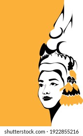 Cambodia Traditional Dancer face drawing in line art with a yellow background to inspired the gold color of her crown. 