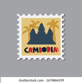 Cambodia Travel Landmarks. Post stamp with iconic symbol of Cambodia and palm trees. Vector Illustration.