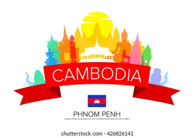 Cambodia Travel,  Phnom Penh Travel, Landmarks. Vector and Illustration.