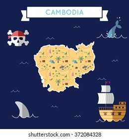 Cambodia treasure map in flat design. Colorful cartoon treasure map of Cambodia with flat design icons of pirate ship and jolly roger. Cambodia flat design vector illustration.
