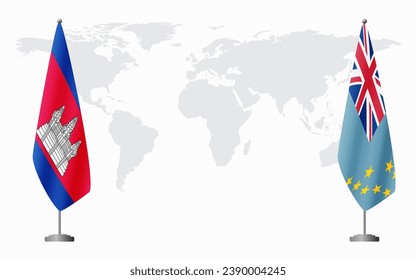 Cambodia and Tuvalu flags for official meeting against background of world map.