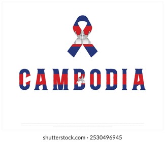 Cambodia Typography with National flag on a white background, Editable vector design of Cambodia typography with ribbon flag, National Day Design, Cambodia day design, Flag typography of Cambodia