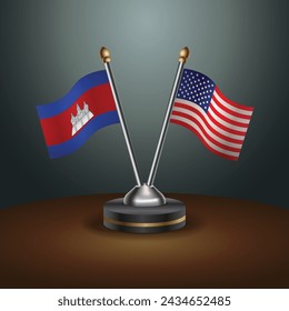 Cambodia and United States table flags with gradient backgrund. Vector Illustration