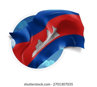 Cambodia, vector 3d flag against a blue sky, through a round hole on a white background