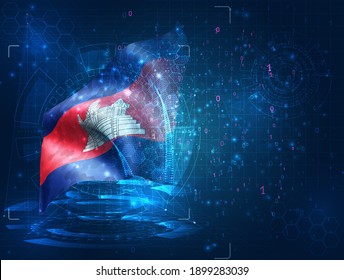 Cambodia, vector 3d flag on blue background with hud interfaces
