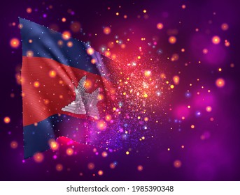 Cambodia, vector 3d flag on pink purple background with lighting and flares