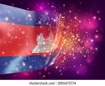 Kambodscha, Vektor-3D-Flagge auf rosafarbenem violettem Hintergrund mit Beleuchtung und Aromen