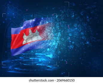 Cambodia, vector 3d flag on blue background with hud interfaces