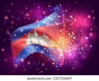 Cambodia, vector 3d flag on pink purple background with lighting and flares