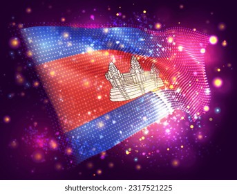 Cambodia, vector 3d flag on pink purple background with lighting and flares