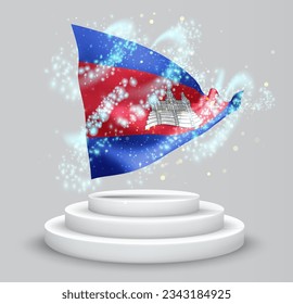 Cambodia, vector 3d flag on the podium surrounded by a whirlwind of magical radiance