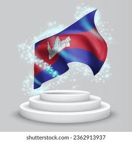 Camboya, bandera vectorial 3d en el podio rodeada por un torbellino de radiancia mágica