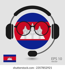 Cambodia vector flag with headphones and glasses, vector illustration. 