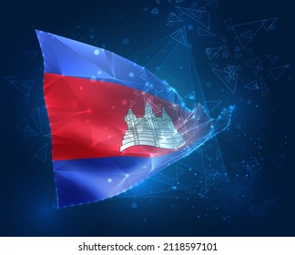 Camboya, bandera vectorial, objeto 3D virtual abstracto de polígonos triangulares sobre fondo azul