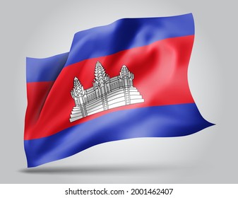 Cambodia, vector flag with waves and bends waving in the wind on a white background.