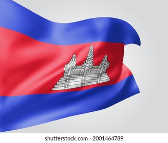 Cambodia, vector flag with waves and bends waving in the wind on a white background.