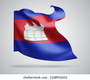 Cambodia, vector flag with waves and bends waving in the wind on a white background.