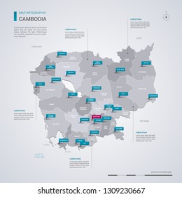 Cambodia vector map with infographic elements, pointer marks. Editable template with regions, cities and capital Phnom Penh. 