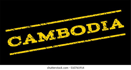 Cambodia watermark stamp. Text caption between parallel lines with grunge design style. Rubber seal stamp with unclean texture. Vector yellow color ink imprint on a blue background.