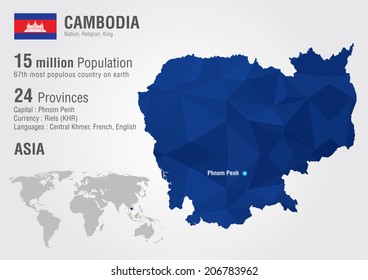 Cambodia world map with a pixel diamond texture. World Geography