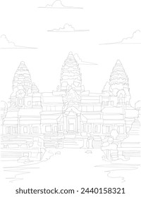 Cambodia-angkor Temple line art drawing for kids and adults coloring book