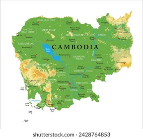 Cambodia-highly detailed physical map in vector format