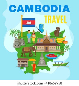 Cambodian Culture And National Symbols With Country Map And Flag For Travelers Flat Poster Abstract Vector Illustration