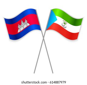 Cambodian and Equatorial Guinean crossed flags. Cambodia combined with Equatorial Guinea isolated on white. Language learning, international business or travel concept.