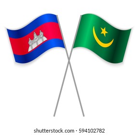 Cambodian and Mauritanian crossed flags. Cambodia combined with Mauritania isolated on white. Language learning, international business or travel concept.
