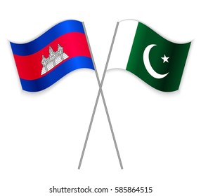 Cambodian and Pakistani crossed flags. Cambodia combined with Pakistan isolated on white. Language learning, international business or travel concept.