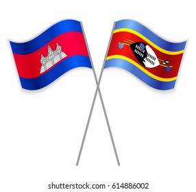 Cambodian and Swazi crossed flags. Cambodia combined with Swaziland isolated on white. Language learning, international business or travel concept.