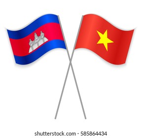 Cambodian and Vietnamese crossed flags. Cambodia combined with Vietnam isolated on white. Language learning, international business or travel concept.