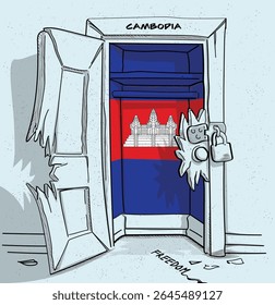 Caminho do Camboja para a liberdade. Ilustração política de uma porta quebrada, mas trancada, com a bandeira nacional. Uma metáfora para luta e esperança.