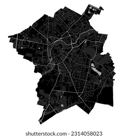 Cambridge city black map, England, the United Kingdom. Detailed administrative map with roads and railways, parks and rivers. City borders.