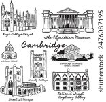 Cambridge famous historical structure illustration. Ancient, medieval, Victorian architecture. England tourist attractions ink illustration. King College Chapel, Museum, Trinity College, Great St Mary
