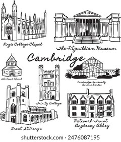 Cambridge famous historical structure illustration. Ancient, medieval, Victorian architecture. England tourist attractions ink illustration. King College Chapel, Museum, Trinity College, Great St Mary