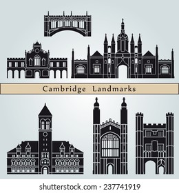 Cambridge landmarks and monuments isolated on blue background in editable vector file