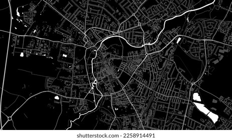 Mapa de Cambridge, Reino Unido. Mapa negro y blanco de fondo con carreteras y vías férreas, parques y ríos. Resolución de pantalla ancha.