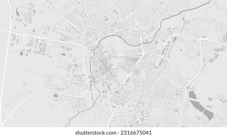 Mapa de Cambridge, Reino Unido. Mapa gris y blanco de fondo con carreteras y vías férreas, parques y ríos. Resolución de pantalla ancha.