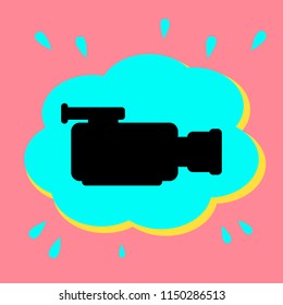 Camcorder. Black icon in a bubble on a pink background. Vector