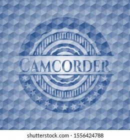 Camcorder blue badge with geometric background. Vector Illustration. Detailed.
