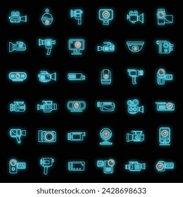 Camcorder device icons set. Outline set of camcorder device vector icons neon color on black