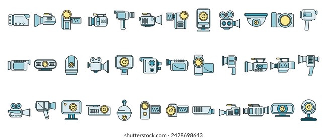 Camcorder device icons set. Outline set of camcorder device vector icons thin line color flat on white