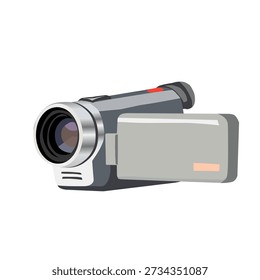 Camcorder in flat style for video recording media. Perfect for filmmaking graphics, journalism visuals, and content creation.