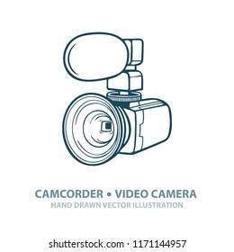Camcorder. Hand Drawn Video Camera Illustration. 
Digital Camera With External Microphone And Wide Angle Lens.
Camcorder Sketch Drawing.
